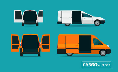 Cargo van set with open tailgate. Side view and back view. Vector flat style illustration. © lyudinka