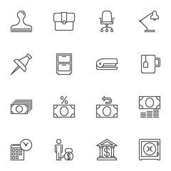 Bank office line icons set. linear style symbols collection, outline signs pack. vector graphics. Set includes icons as stamp, portfolio, chair, desk lamp, push pin, cupboard, stapler, money bill