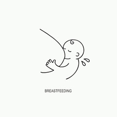 Vector linear contour flat logo. Illustration with Mother and newborn baby in her arms on an isolated white background. Concept of support for motherhood. the child drinks milk from the female breast