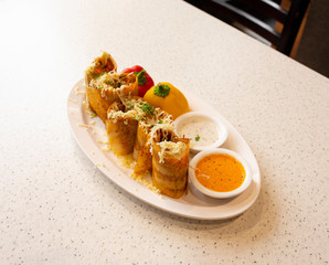 South Indian Cheese Spring Dosa Also Know as Cheese Masala Dosa or Masala Dosa Served With Coconut Chutney, Sauce And Sambar