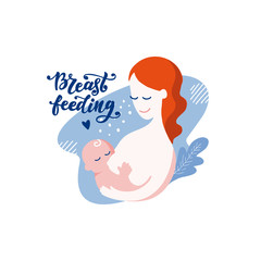 Vector silhouette flat logo. Illustration with Mother and newborn baby in her arms on an isolated white background. Concept of support for motherhood. Lettering Breastfeeding
