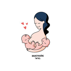 Vector linear contour flat logo breastfeeding twins. Mother and newborn babies in her arms on an isolated white background. Concept of support for motherhood. Hand written lettering.