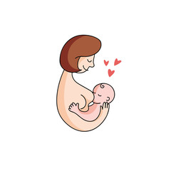 Vector linear contour flat logo breastfeeding. Mother and newborn baby in her arms on an isolated white background. Concept of support for motherhood.