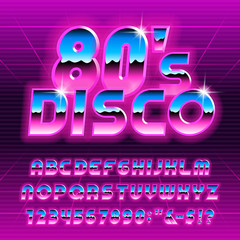 80s Disco alphabet font. Glow letters and numbers. Stock vector typescript for your typography in retro 80 style.