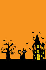 Halloween black cat, spooky castle, bats, on an orange background vector illustration for decoration and design