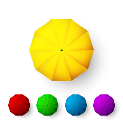 Set of color umbrellas. Top view of open parasol. Vector illustration isolated on white background