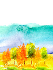 Obraz na płótnie Canvas Watercolor autumn trees of yellow, red, orange color. Autumn forest,hill, blue sky. Watercolor art background.Beautiful splash of paint. Abstract creative background.