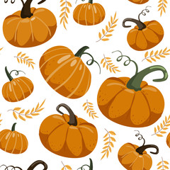 Autumn seamless pattern. Various pumpkins and leaves. Print for fabric, web page background, seasons greeting cards, scrapbooking and wrapping paper. Vector illustration.
