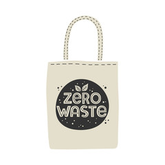 Textile eco-friendly reusable shopping bag with lettering Zero Waste. Conceptual ecologic hand drawn vector illustration.