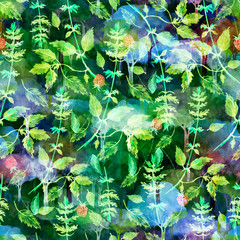 Watercolor seamless pattern from plants, flowers, leaves, grasses, branches. Berry raspberries. Picture parsley, celery, mint, dill, spice. Vintage, fashionable drawing, hand-drawn graphics.