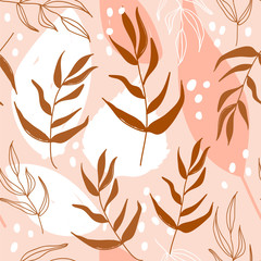Modern seamless floral pattern with leaves and abstract elements. Texture for textile, postcard, wrapping paper, packaging etc. Vector illustration.