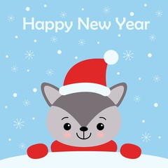 Cute New Year or Christmas greeting card with cute wolf, Santa hat, scarf and snow on blue background. Cartoon character.