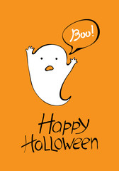 Flying ghost spirit holding says Boo. Happy Halloween. Scary white ghosts. Cute cartoon spooky character. Smiling face, hands. Orange background Greeting card. Flat design.