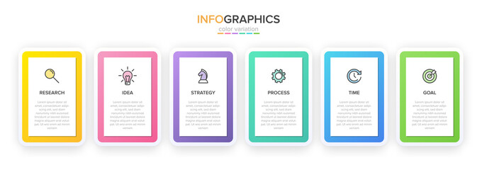 Concept of arrow business model with 6 successive steps. Five colorful rectangular elements. Timeline design for brochure, presentation. Infographic design layout.