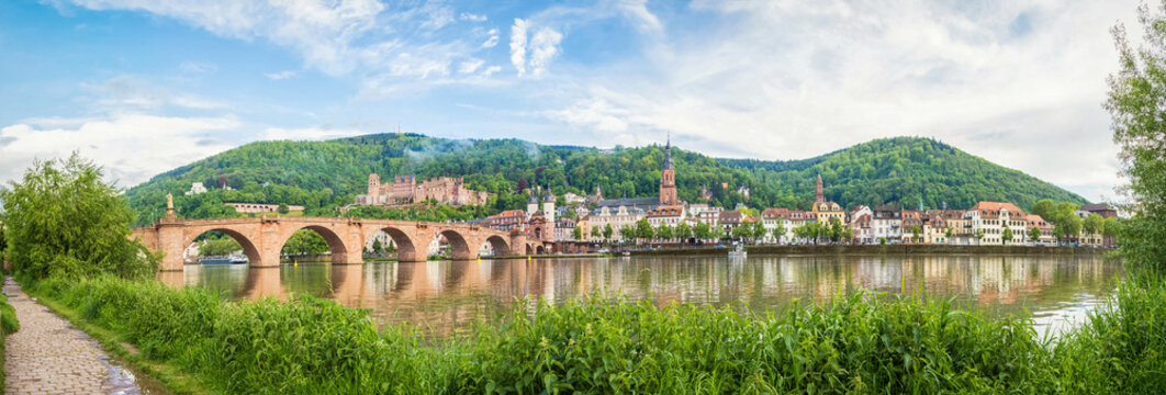Panorama of Heidelberg made from side of Neckar river, Baden-Wurttemberg, Germany