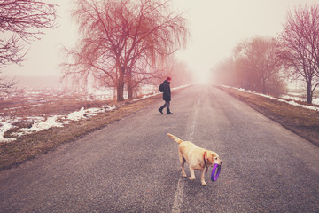 Man with Labrador retriever dog walking on the road in winter