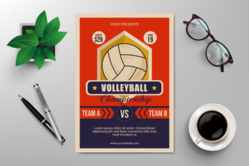volleyball championship flyer template, retro flat design vector
