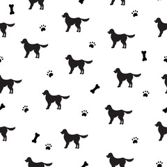 Seamless pattern with black silhouettes of cartoon labrador retriever dogs on white
