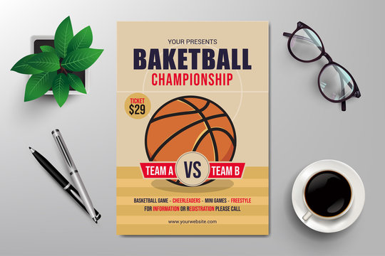 basketball championship flyer template, retro flat design vector