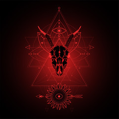 Vector illustration with hand drawn goat skull and Sacred geometric symbol on black background. Abstract mystic sign.