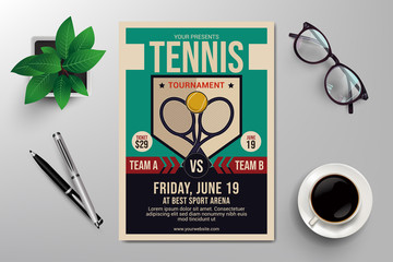 tennis tournament flyer template , retro flat design vector