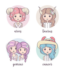 Vector set of cute zodiac girls. Zodiac signs collection: Aries, Taurus, Gemini, Cancer. Horoscope illustration 
