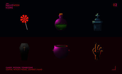 Halloween Icon Pack No. 2: Candy, Potion, Tombstone, Coffin, Witch's Vessel, Zombie's Hand