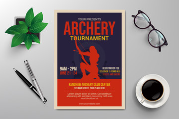 archery tournament flyer template, retro flat design vector - obrazy, fototapety, plakaty