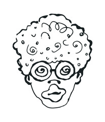 Afro American man in glasses. Black and white hand-drawn isolated illustration.