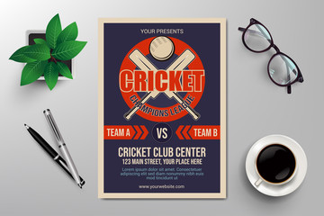 cricket champions league flyer template, retro flat design vector