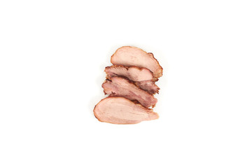 Slices of grilled chicken meat, isolated on white background.