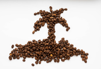 Pile coffee beans isolated on white background and texture, top view