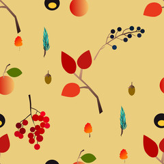 Autumn vector seamless pattern with berries, acorns, pine cone, mushrooms, branches and leaves.
