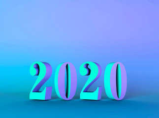 2020 numbers with shadow illuminated by bright gradient holographic lights of blue violet green colors. Decoration, holiday symbol, element for design, 3D illustration. Merry Christmas Happy New Year