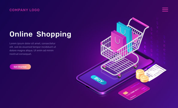 Online shopping, isometric concept vector illustration. Smartphone screen with buy button, shopping cart with bags, credit card and paper check isolated on ultraviolet, landing web page for mobile app