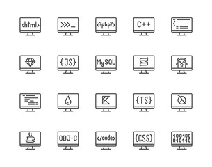Programming languages flat line icons set. Html code, php, java language, python on computer desktop vector illustrations. Outline signs for software development. Pixel perfect 64x64. Editable Stroke