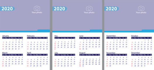 Desk calendar 2020, Design Template, Week starts on Monday, spiral binding, Vector Illustration