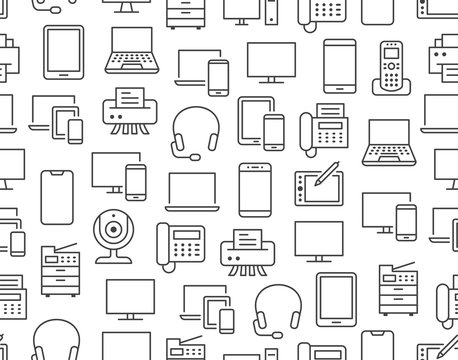 Devices seamless pattern with flat line icons. Electronics background - pc, laptop, computer, smartphone, device monitor vector illustrations. Outline signs for technology store discount poster