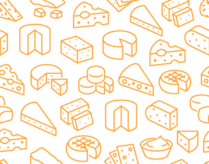 Cheese seamless pattern with flat line icons. Vector background, illustrations of parmesan, mozzarella, yogurt, dutch, ricotta, butter, blue chees piece for dairy product store. Orange, white color
