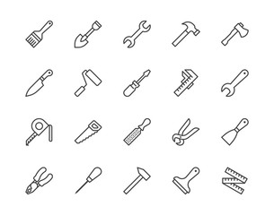 Construction tools flat line icons set. Hammer, screwdriver, saw, spanner, paintbrush vector illustrations. Outline signs for carpenter, builder equipment store. Pixel perfect 64x64. Editable Strokes