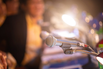 Business people talking on seminar panel with microphone