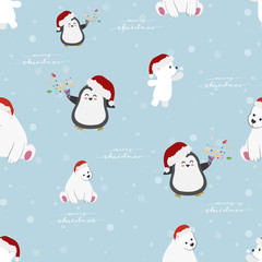 funny animals Christmas party on falling snow seamless pattern eps10 vectors illustration