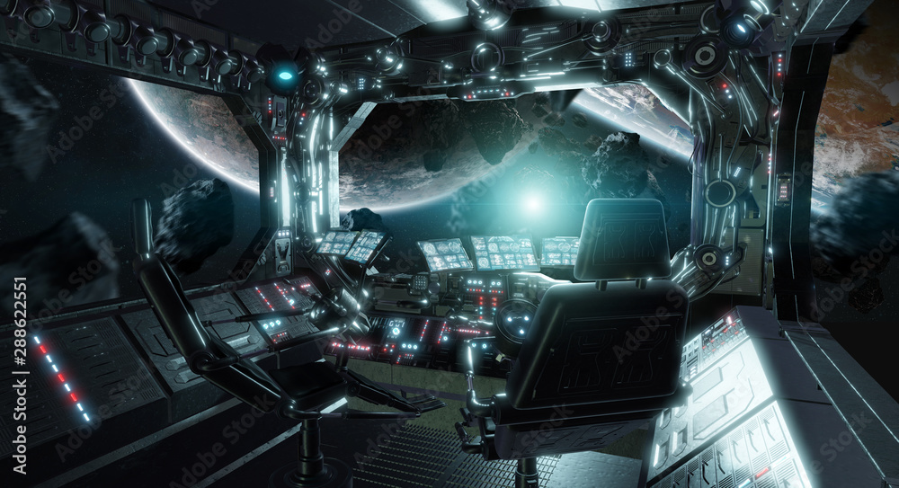 Poster Spaceship grunge interior control room with view on space 3D rendering elements of this image furnished by NASA