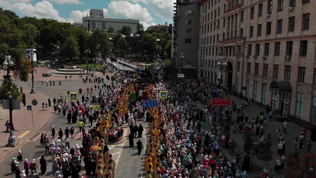 Kiev, Ukraine - July 27, 2019: Religious procession of Orthodox Christians on the feast of the baptism of Rus, Ukraine, Russia.