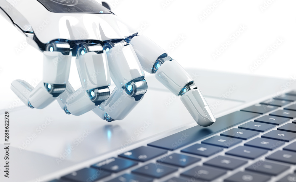 Wall mural white robot cyborg hand pressing a keyboard on a laptop 3d rendering - Wall murals