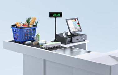 Supermarket cashier checkout work place with card payment terminal, order screen, shopping market basket with assorted grocery products, fresh food, drinks isolated. Budget planning, money saving. 3D