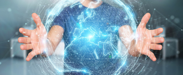 Businessman using globe network hologram with Europe map 3D rendering