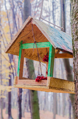 A wooden feeder on the background of a blurred forest.