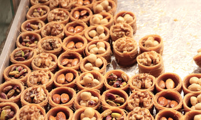 Traditional turkish delights from nuts, sugar, syrup and dried fruits