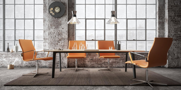 Office Lounge inside an industrial Loft (panoramic) - 3d visualization